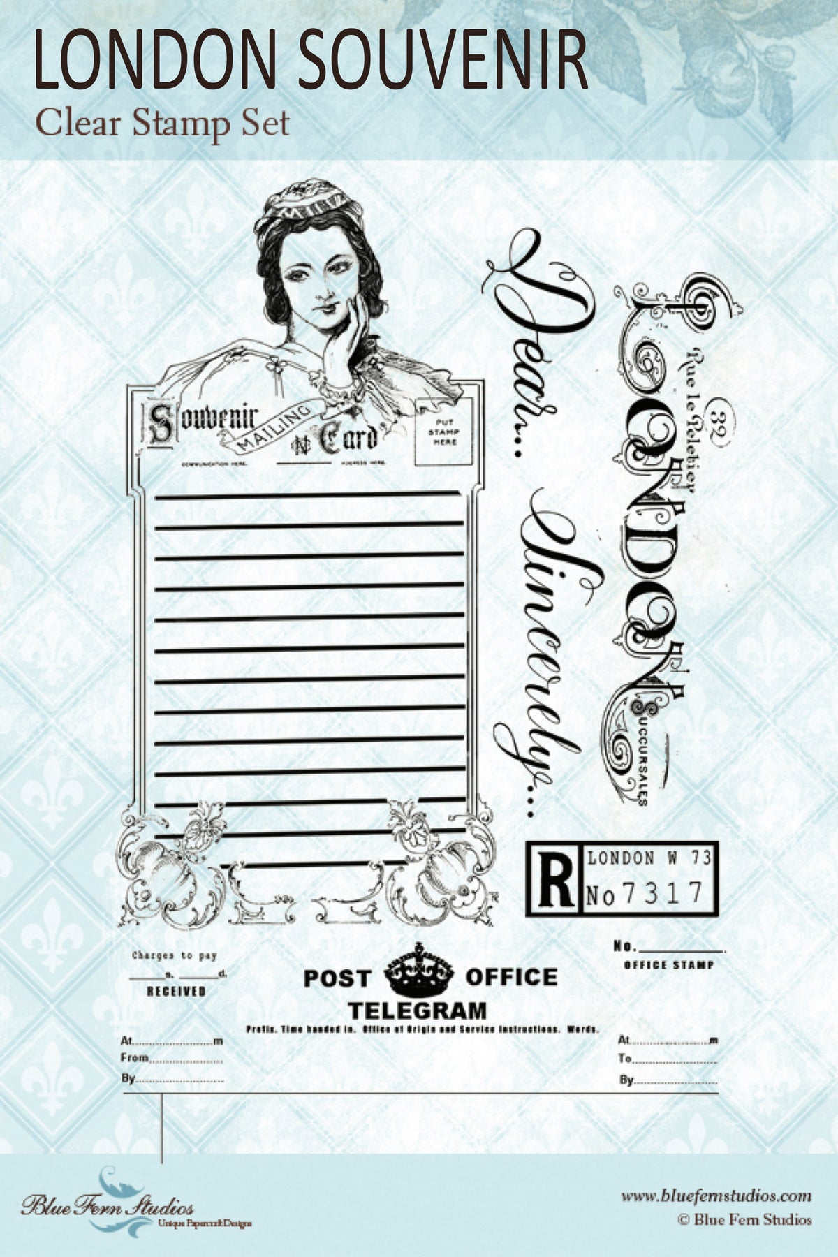 Blue Fern Stamp - London Souvenir Stamp Set - Jane's Memoirs - Designed by Jen Bishop