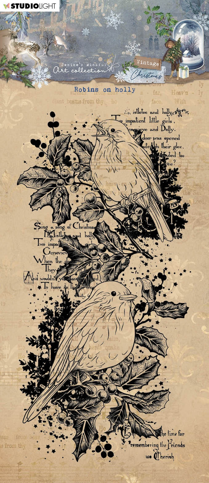 Studio Light Jenine's Mindful Art Clear Stamp - Nr. 545, Robins On Holly