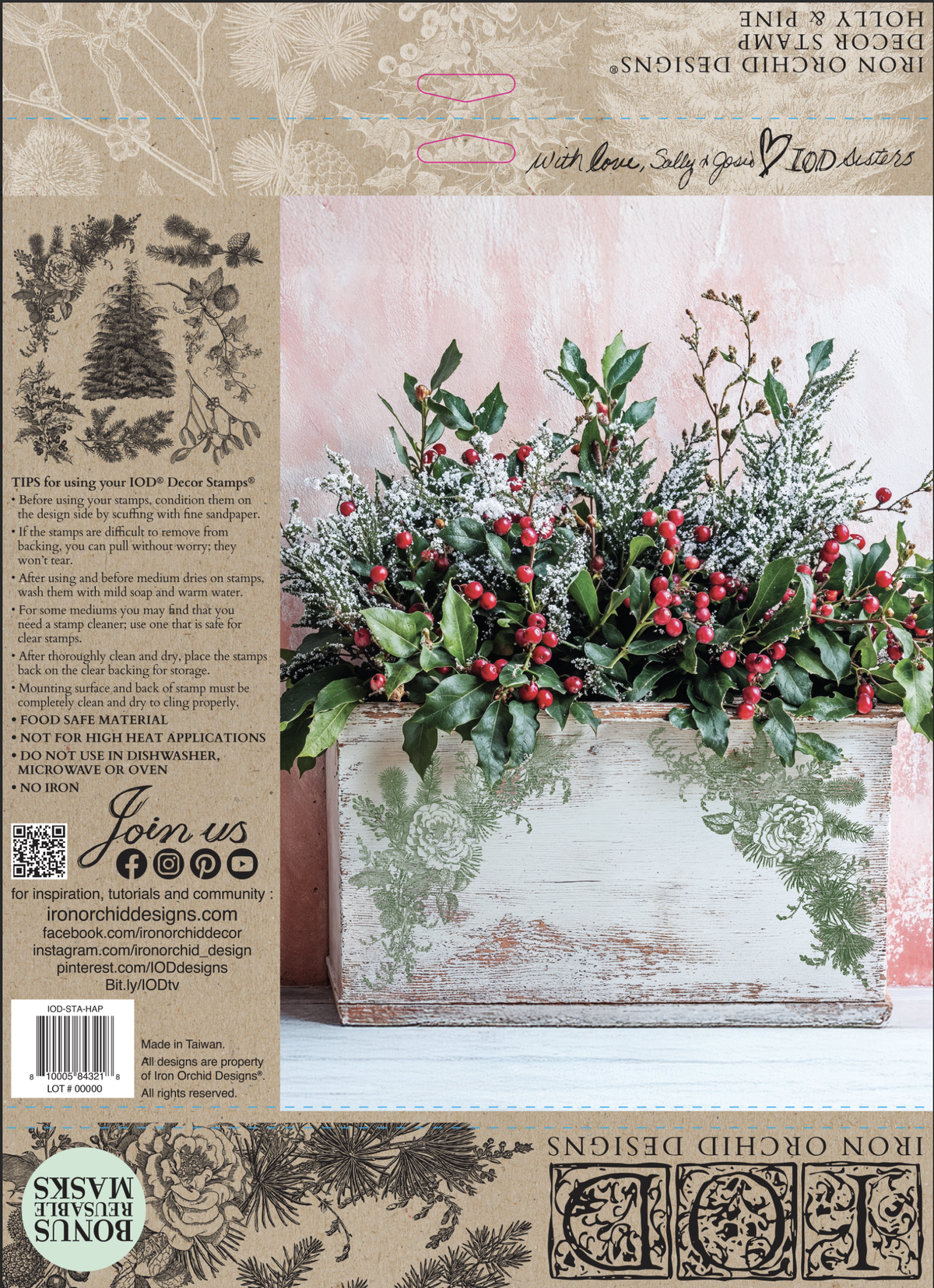 Holly & Pine - 12x12 IOD Stamp - Iron Orchid Designs