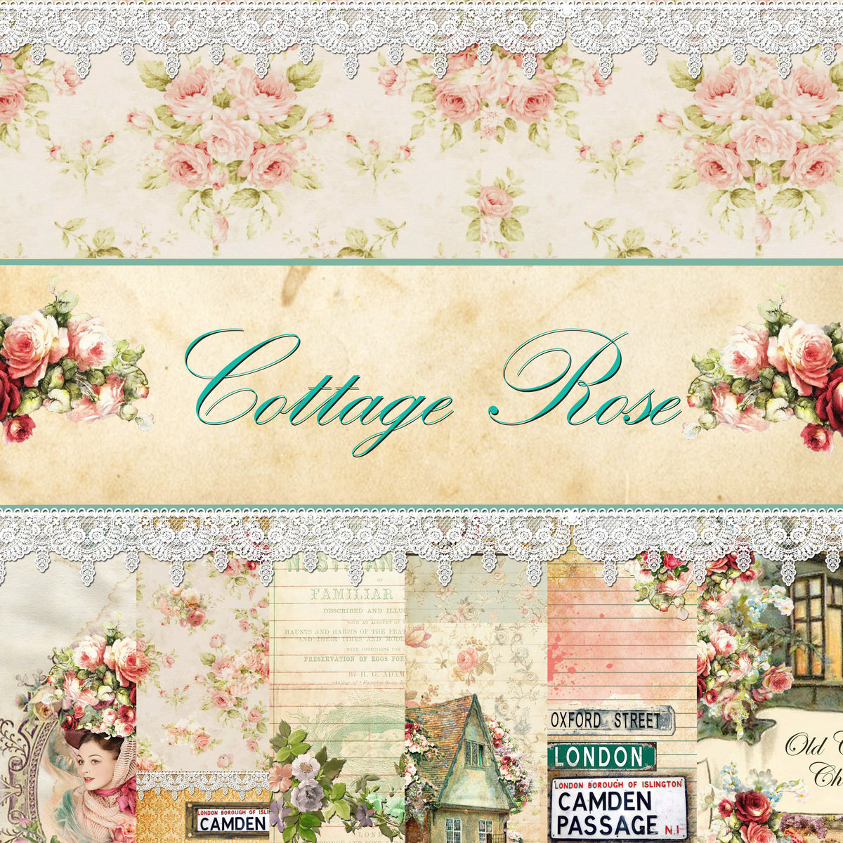 Cottage Rose Digital Collection - Entire Collection - 10 Papers/Designs, 4 Envelopes w/cards, 12 Tags, and Ephemera Sheet