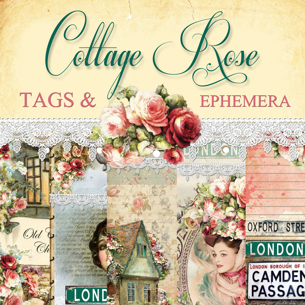 Cottage Rose Digital Collection - Entire Collection - 10 Papers/Designs, 4 Envelopes w/cards, 12 Tags, and Ephemera Sheet