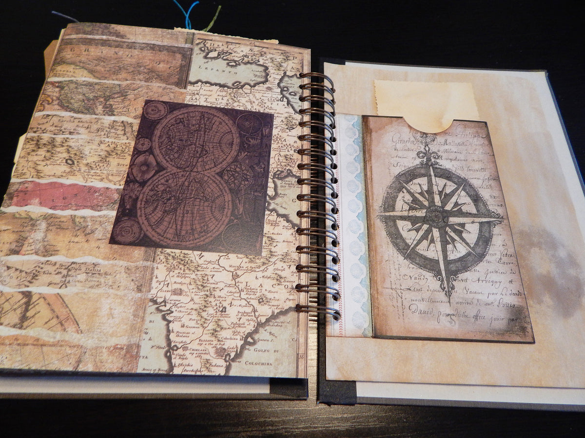 Hand-Stitched Canvas Journal - Vintage Nautical/Travel Theme - LARGE