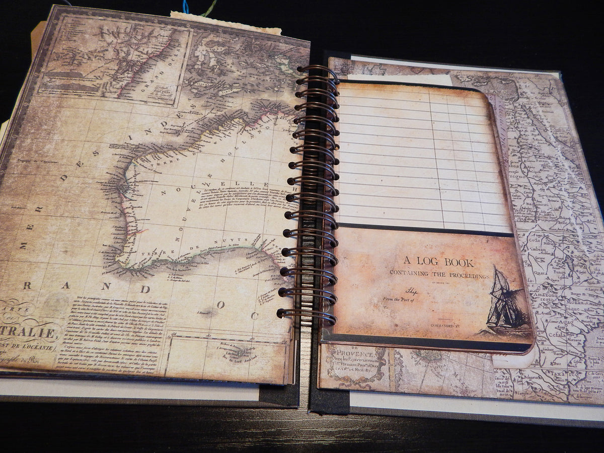 Hand-Stitched Canvas Journal - Vintage Nautical/Travel Theme - LARGE