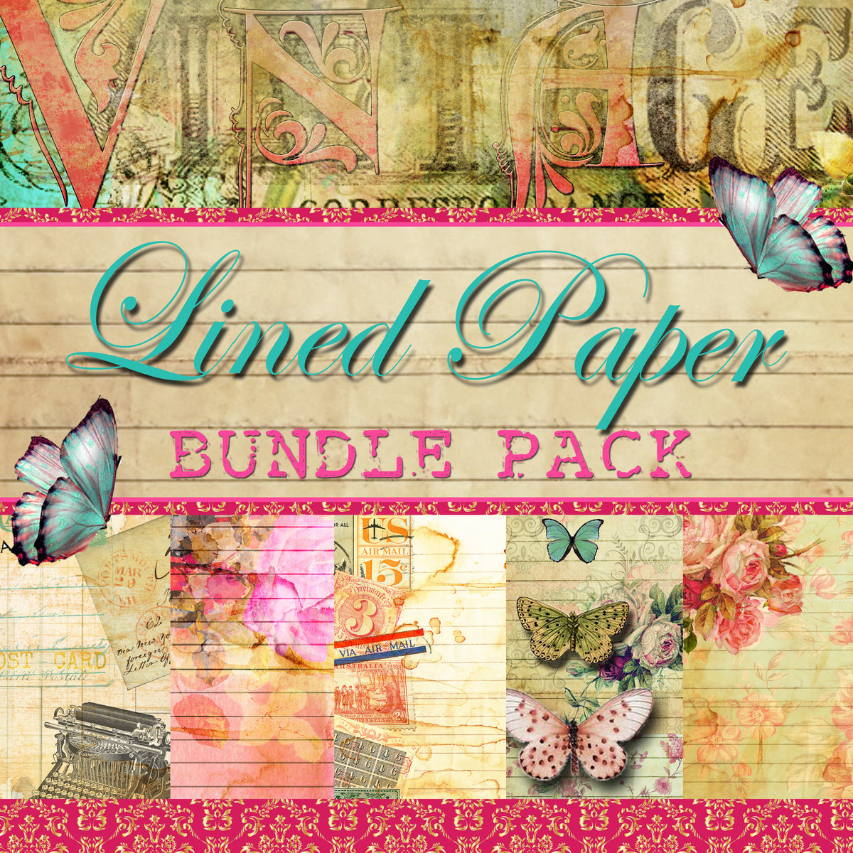 Lined Journal Paper Pack Bundle - 50 Lined Papers/Designs