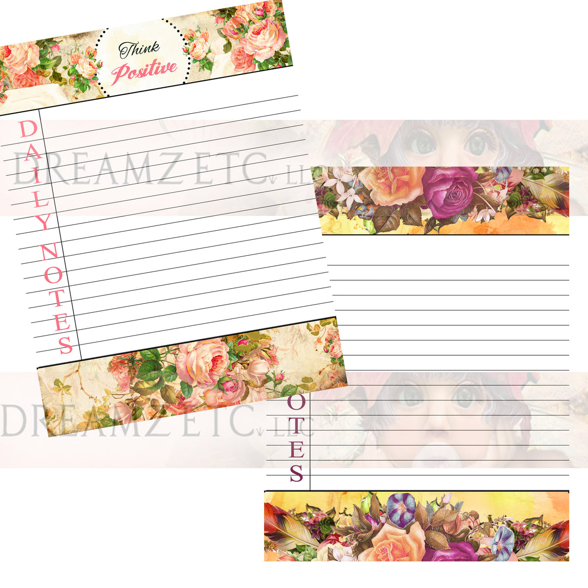 Floral Dreamz Planner/Journal - Daily Notes Lined Paper - Printable