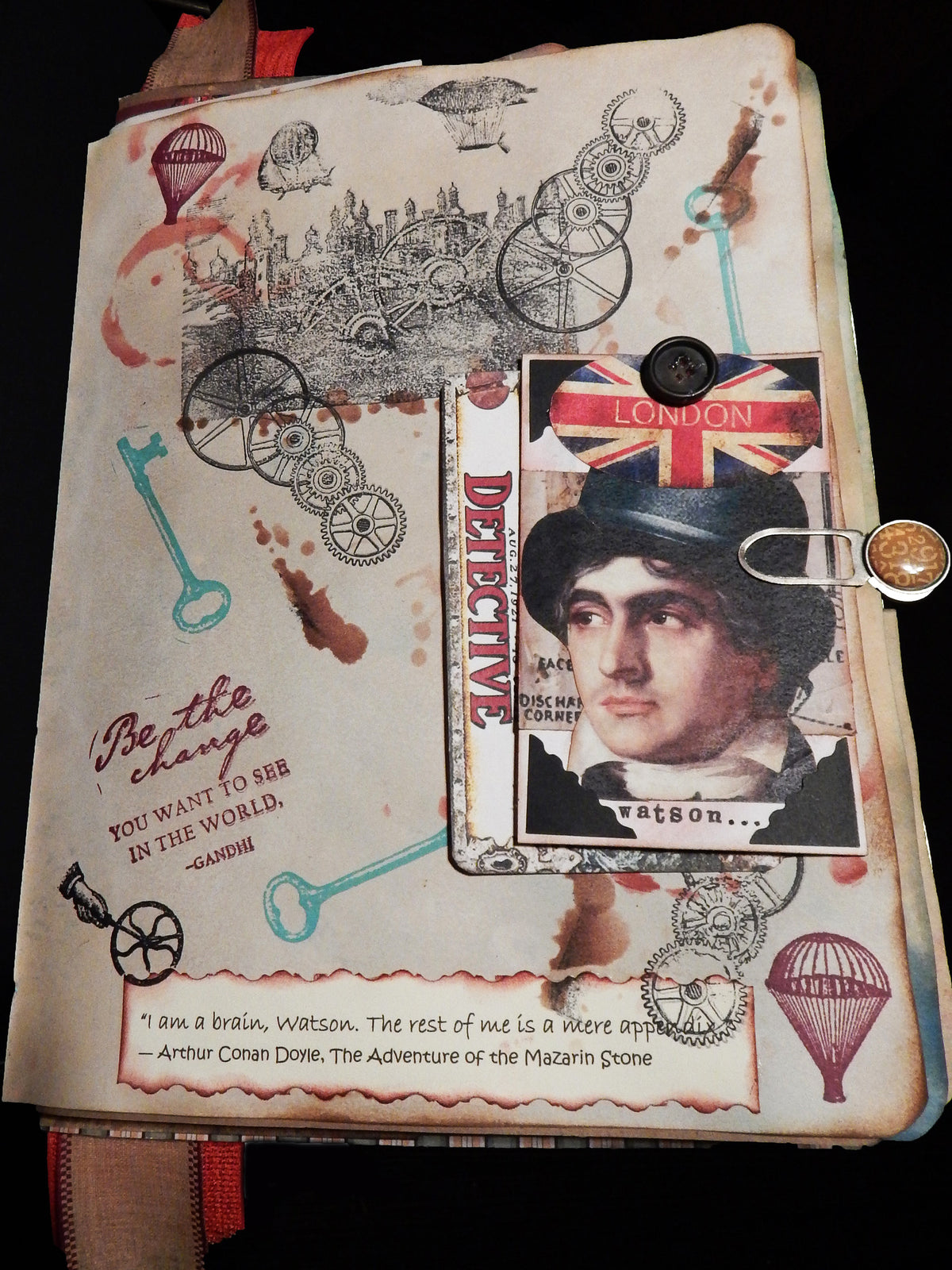 Hand-Stitched Canvas & Embroidery - Vintage Sherlock Travel Theme Book/Journal - HUGE!