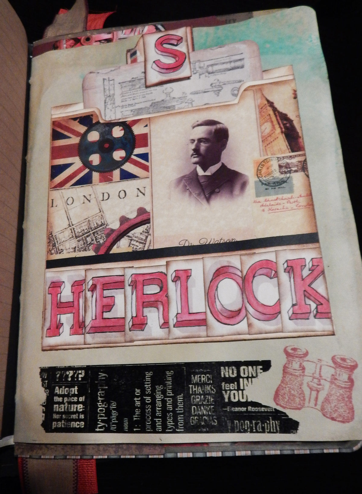 Hand-Stitched Canvas & Embroidery - Vintage Sherlock Travel Theme Book/Journal - HUGE!