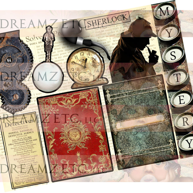 Steampunk Sherlock Digital Paper Ephemera Pack