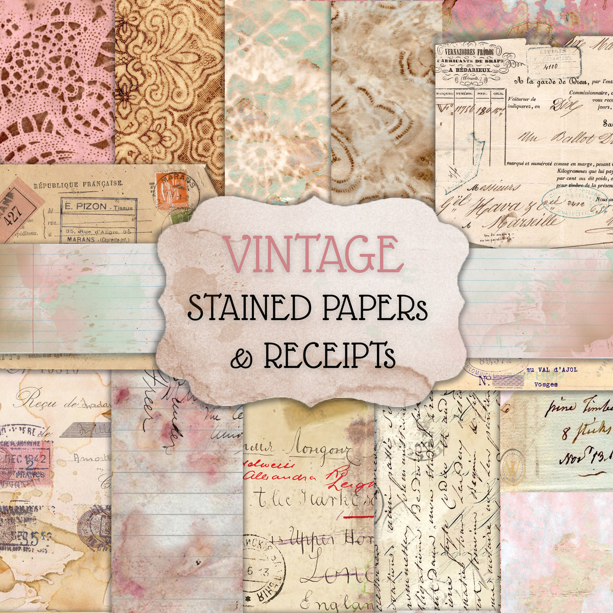 Vintage Stained Papers & Receipts (Bundle) - Digital